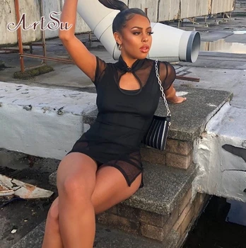 

ArtSu Sexy Mesh Transparent Cheongsam Dress 2020 Summer Women Short Sleeve Black Mini Dresses Ladies Party Club ASDR23140