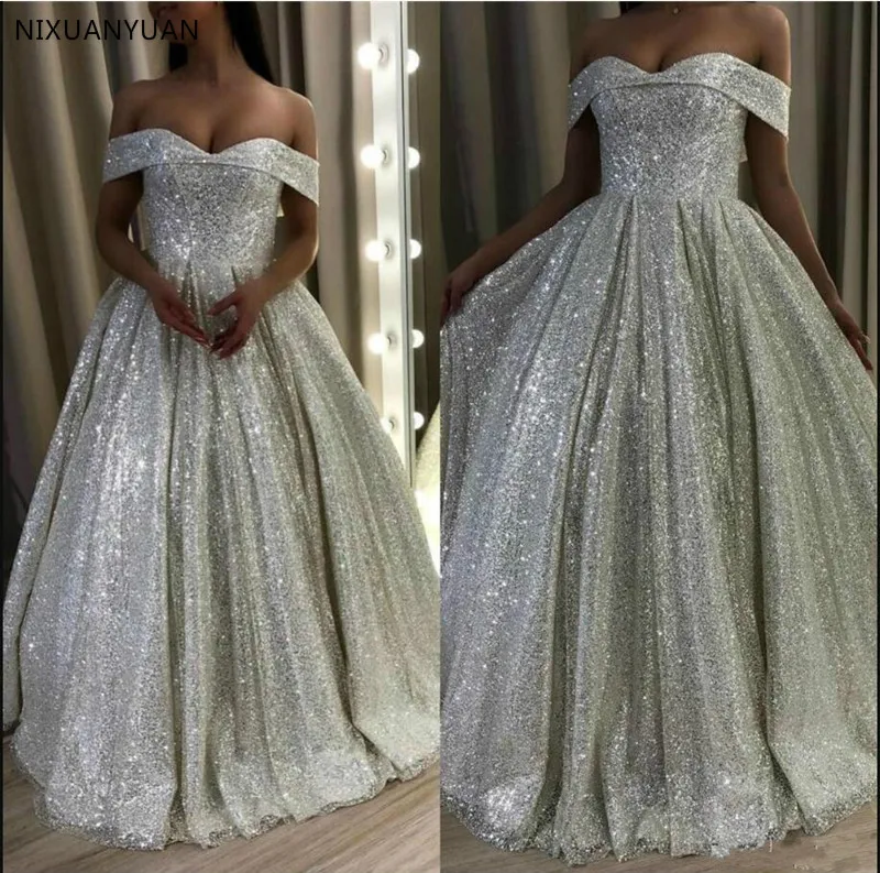 

Silver Sequined Wedding Dresses Off Shoulder Dubai Arabic Elegant Bridal Gowns Vestido De Novia Custom Made for Brides