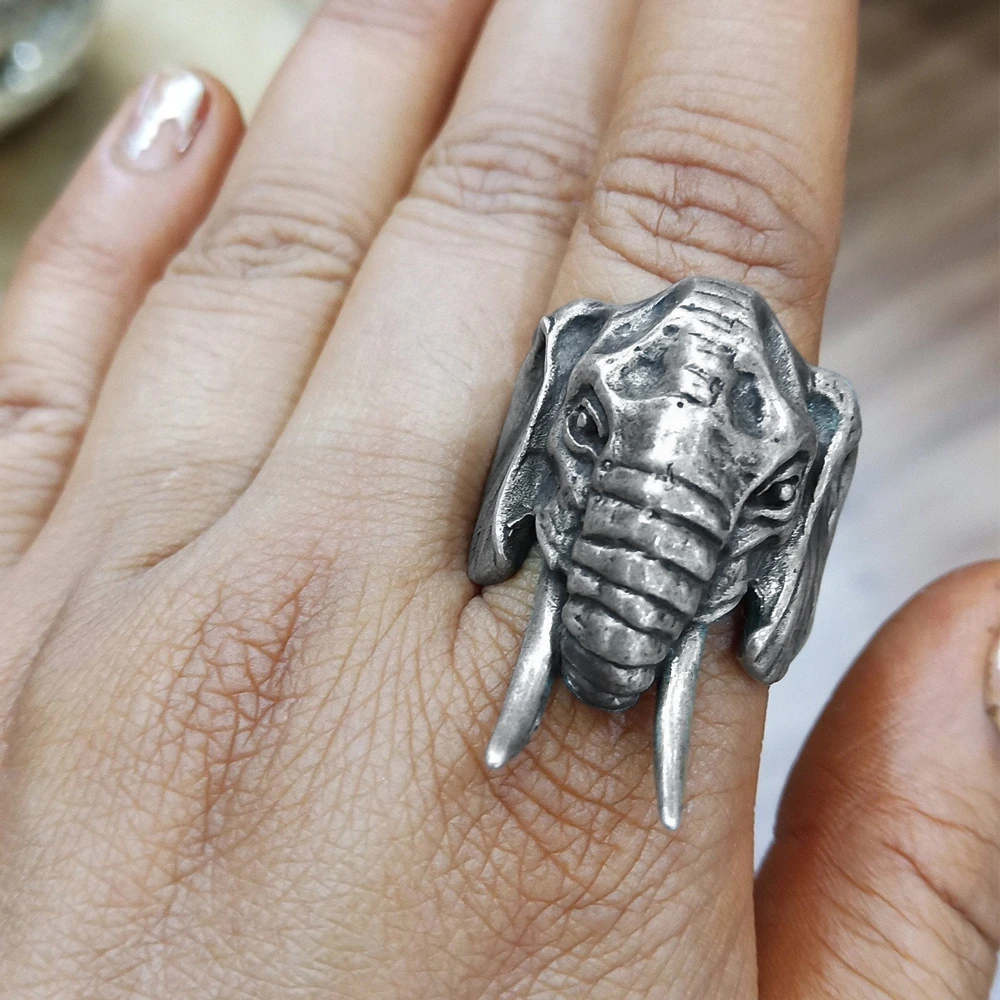 EYHIMD de acero inoxidable con cabeza de elefante para anillo de motorista, joyería de amuleto Tribal Vintage|Anillos| -
