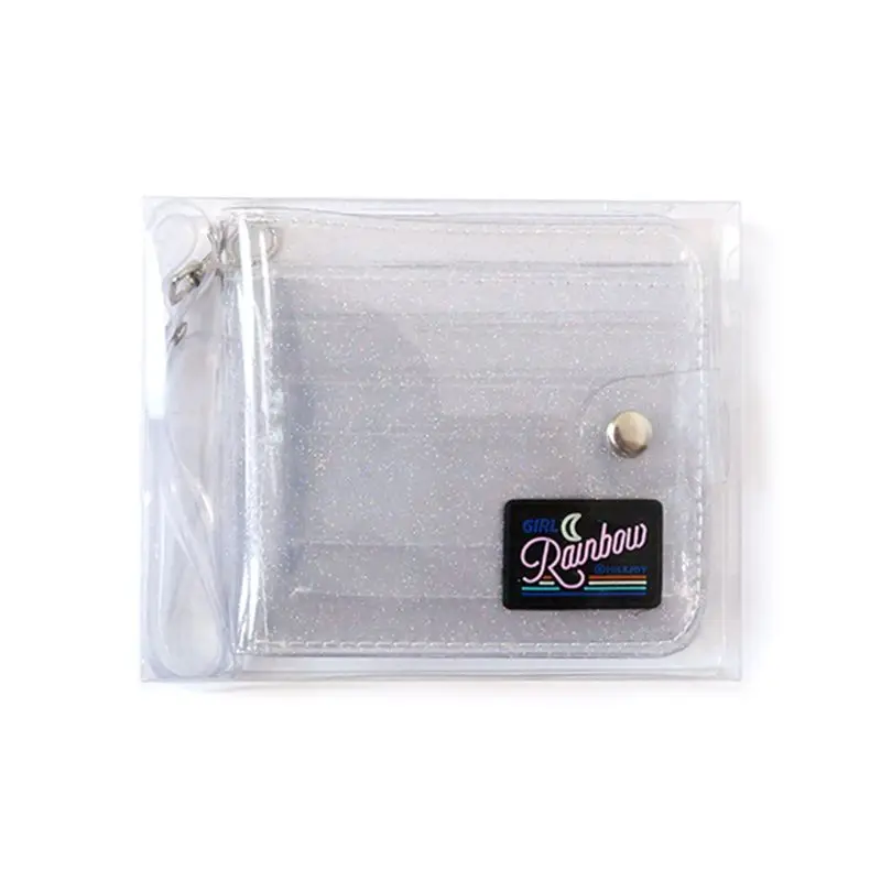 Transparent ID Card Holder PVC Folding Short Wallet Fashion Women Girl Glitter Business Cards Case Purse with Lanyard