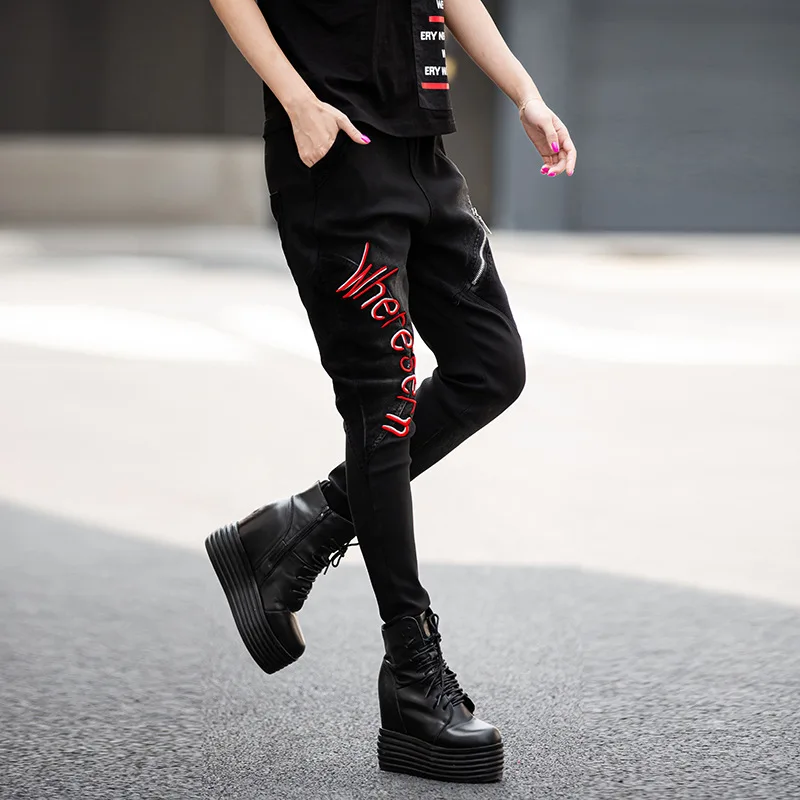 pencil jeans for women High waist Elastic cotton trousers thin casual pants with letter embroidery Vintage Trend pants Z3