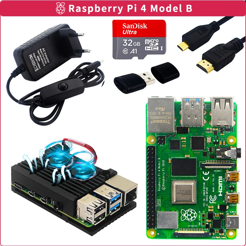 Оригинальный комплект Raspberry Pi 4 Model B 2 ГБ/4 ГБ алюминиевый чехол + переключатель