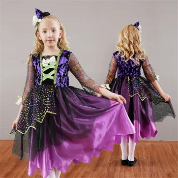 

Kid Girls Halloween Witch Costume Funny Asymmetric Purple Dress Cheap Mesh Fancy Long Sleeve Outfit For Primary Girls
