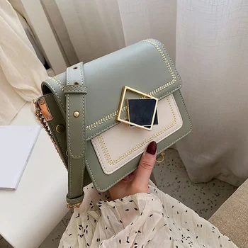 

Contrast Color Leather Chain Crossbody Bag For Women Square Shoulder Messenger Bags Female Purses Phone Bags