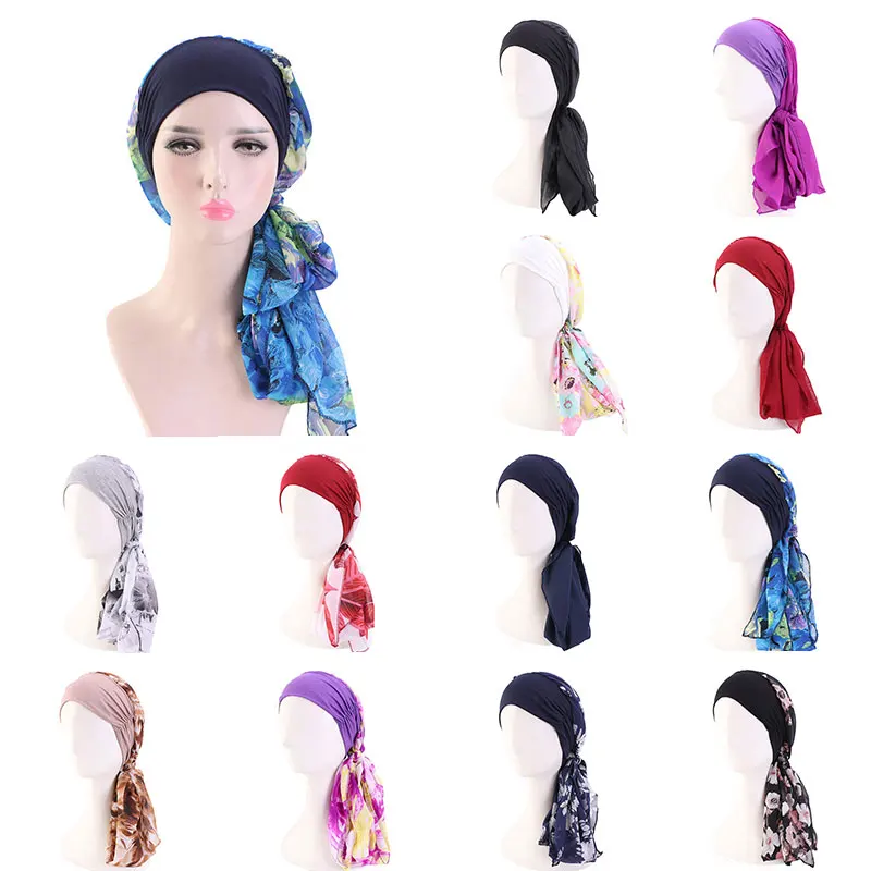 

2020 New Women's Chiffon Ribbon Scarf Hat Elastic Headband Fashion Chemo Caps Muslim Long Bandanas Hair Accessories For Ladies