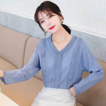 

COIGARSAM Cute Lace blouse women New Spring Patchwork V-Neck blusas womens tops and blouses Pink Blue 8387