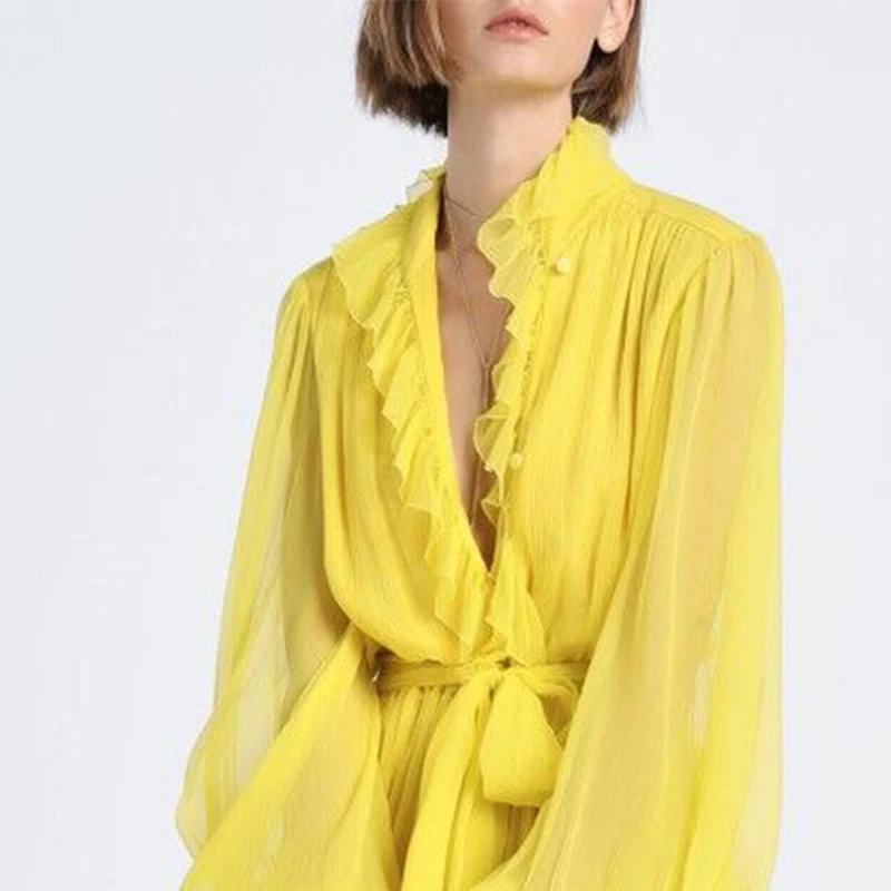 Autumn Yelllow Vintage V-neck Long Lantern Sleeve