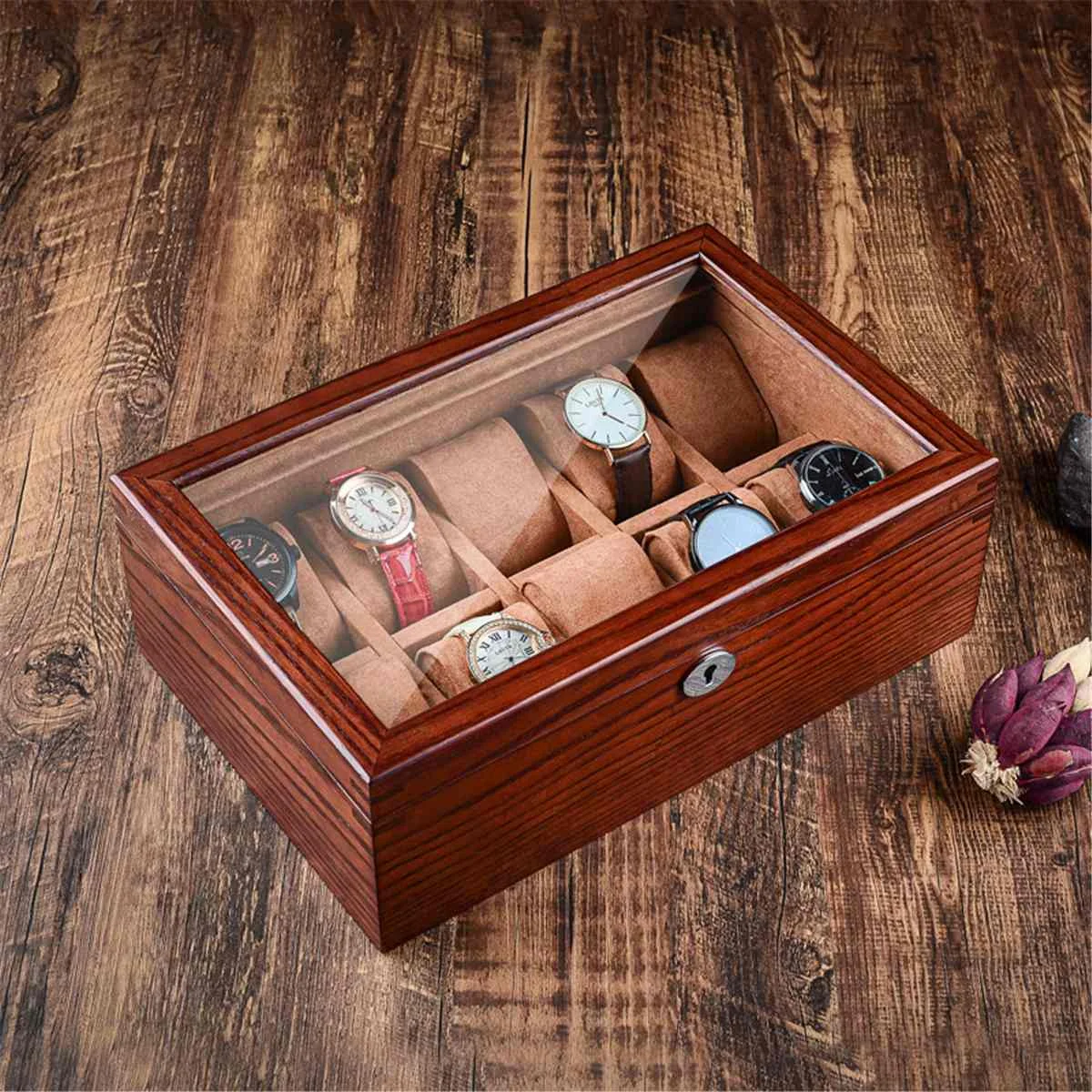 

Luxury Vintage Wax Solid Wood Watch Display Box Organizer Watch Wooden Case with Window Watch Jewelry Storage Packing Gift Box