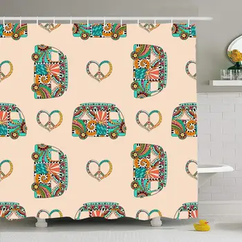 

Shower Curtain Set with Hooks 72x78 Pattern Dye Love Decoration Make Retro Colorful Bus Signs Symbols Power Ornamental Textures