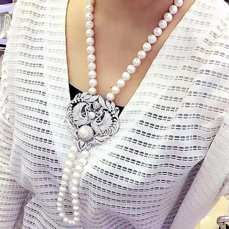 

free shipping 8-9mm White Pearl CZ Necklace Brooch Pendant 925 silver micro inlay zircon clasp accessory jewelry