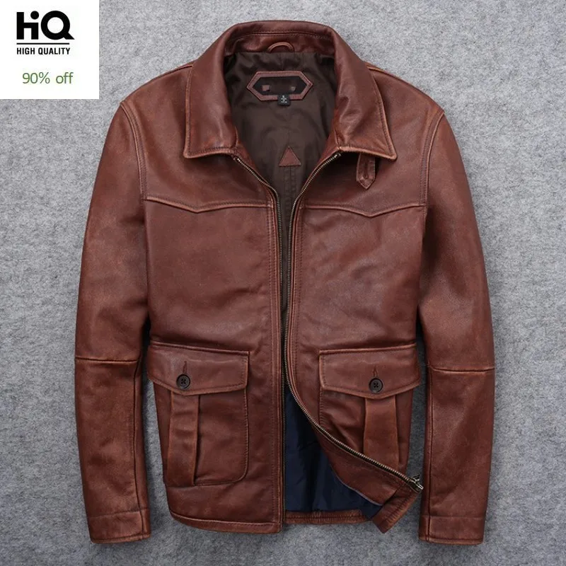 

2020 New Mens Retro American Cow Sheep Leather Jackets Turndown Collar Short Slim Coats Real Leather Fashion Punk Overcoats