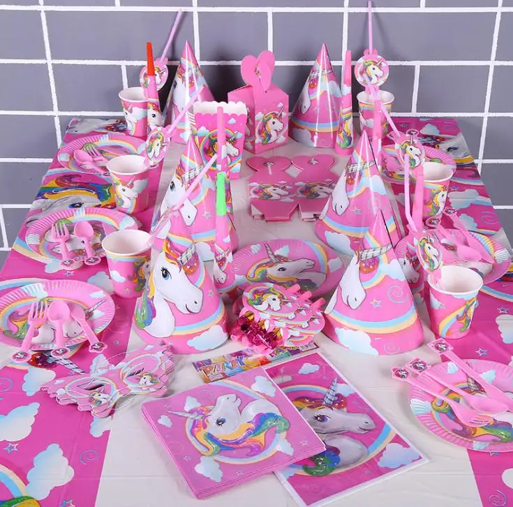 

Cheapest!!!141pcs Unicorn Birthday Party Set Unicorn tableware set Party Supplies Kids Party Favors pink color SN2035