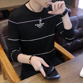 

2019 spring two-color stitching long-sleeved t-shirt round neck embroidery 9755