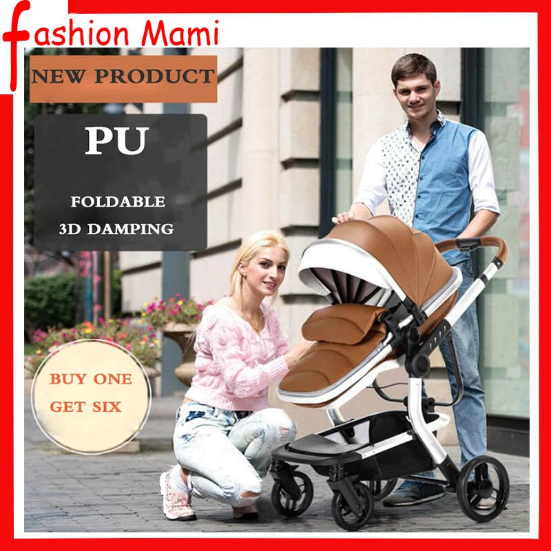 

PU leather foldable high landscape baby stroller 3 in 1 Lightweight two-way four-wheel shock absorber BB stroller