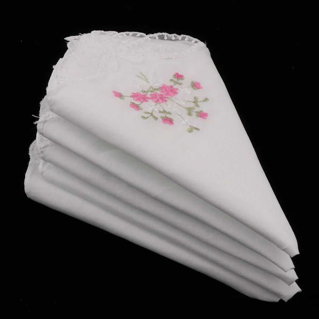 5pcs Womens 27 cm Cotton Hankies Thin Floral Embroidered Lace Handkerchief Hanky Lady White Pocket Square Scarves носовые платки
