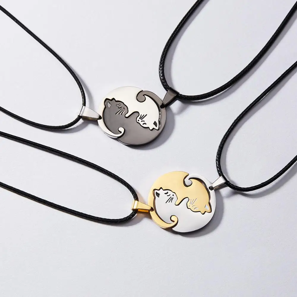 

Couple cat Necklace Yin Yang Stainless Steel heart round Cat splice pendant necklace charm jewelry gift For lovers Women