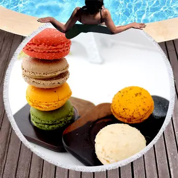 

Free shipping Novelty Gift Colorful Macaron Cakes Print Fringed Large Round Swim Surfing Bath beach towel Blanket Drop Shipping