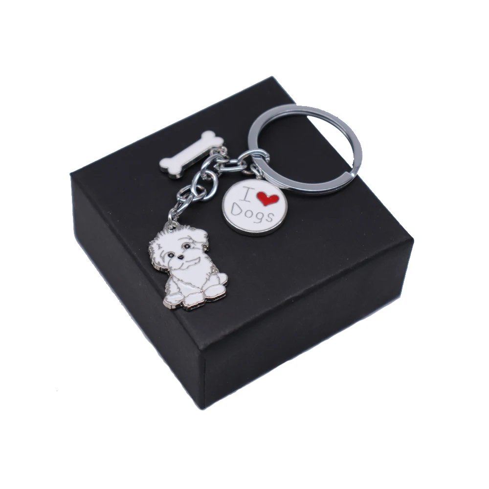 

One Piece Drop Zinc Alloy Metal White Enamel Color Love Bone Pet Poodle Dog Animal Shape Key Rings For Lady Bag Car Making
