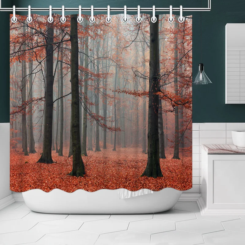 

Polyester Bathroom Curtain Fallen Leaves In The Forest Print Modern Style Shower Curtains Photo Custom Waterproof Fabric Curtain