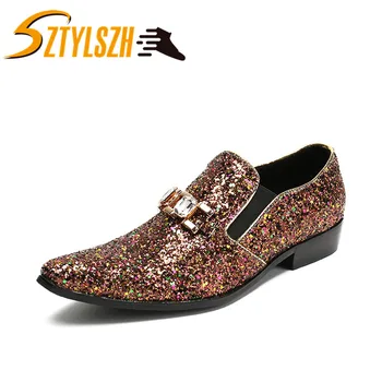 

Fashion Classic Vintage Men Sequins Genuine Leather Dress Shoes With Party Men Scrub Loafers Wedding shoes Hairdresser shoes