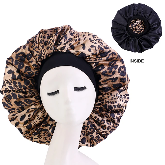 New Women Big Size Beauty print Satin Silky Bonnet Sleep Night Cap Head Cover Bonnet Hat for For Curly Springy Hair Black 408F Lepoard