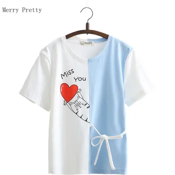 

2020 Women Summer Patchwork T-Shirt Cartoon Cat Print Lace Up T Shirts Casual Short Sleeve O-Neck Tee Shirt Female Cotton Tops