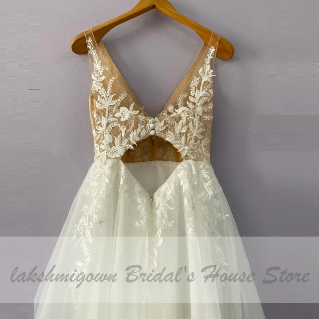 Vintage Lace Boho Wedding Dress 2021 Abito da Sposa Deep V-neck Champagne Bridal Reception Gown Sexy Tulle Beach Wedding Dresses 6