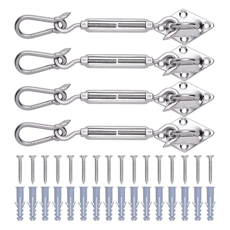 Description Picture 2 of item4 pcs Sun Shade Sail Canopy Fixing Accessories Stainless Steel Hardware Kit Turnbuckle Pad Eye Carabiner Clip Hook Screws Silver