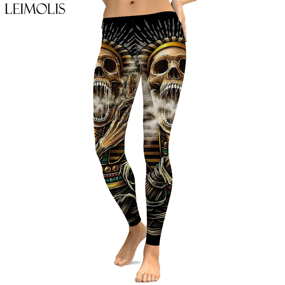 

LEIMOLIS sexy gothic Pharaoh Skull black print push up leggings plus size women fitness workout punk high waist spandex leggins