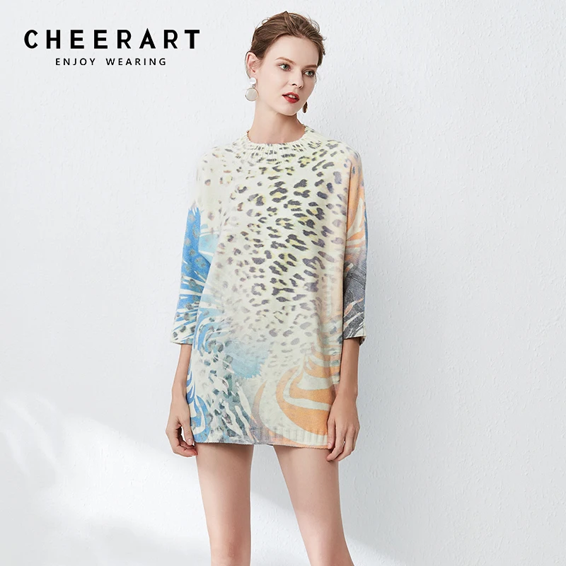 

Cheerart Fall 2019 Leopard Print Sweater Women Pullover Batwing High Neck Long Loose Knitted Sweater Jumper Pull Femme Clothing