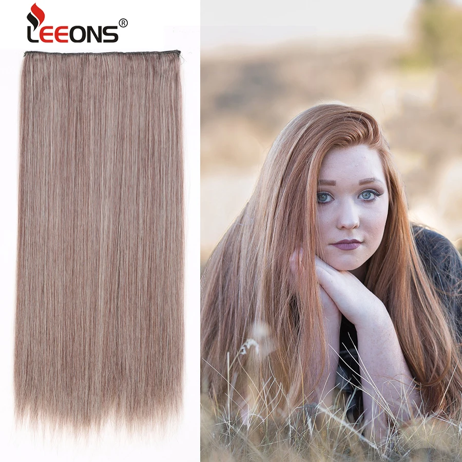 

Leeons Clip In Hair Extensions For Women 60Cm Long Straight Synthetic Fake Hairpiece Natural 5Clip In Hairpiece Pure Black Brown
