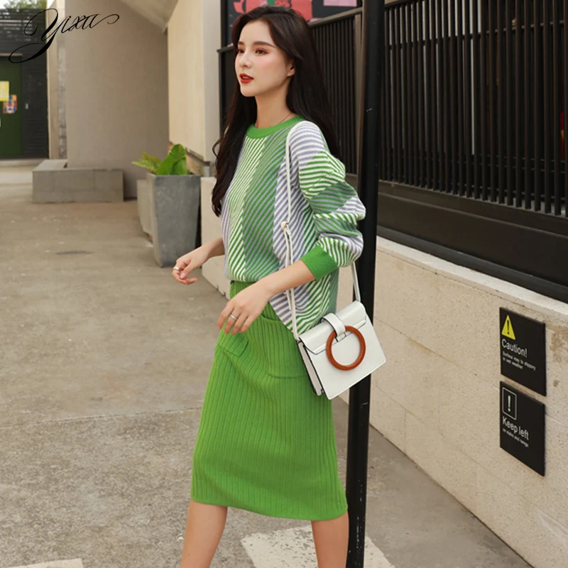 

Woman Winter New Casual Knit Set Fashion Female Loose Sweater Pencil Skirts Suits for Woman Autumn Set Woman