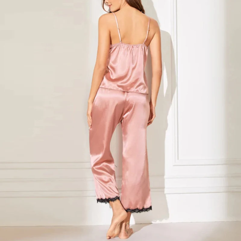 OEAK Women's Sling Pajamas Set Simulation Silk Sexy Lace Large Size Casual Home Pajamas Set New