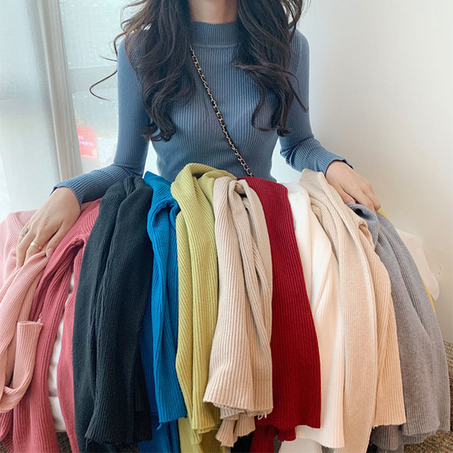 2021 Long Sleeve Women's Slim Knit Sweater All-match Keep Warm Base Sweater Half High Collar Top