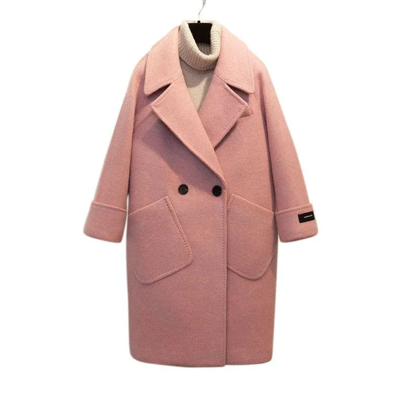 

100% Real Photos Wool Women Coat 2020 Casual Pink Coat Loose Wide-Waisted Spring Winter Coat Long Cashmere Overcoat Solid Woolen