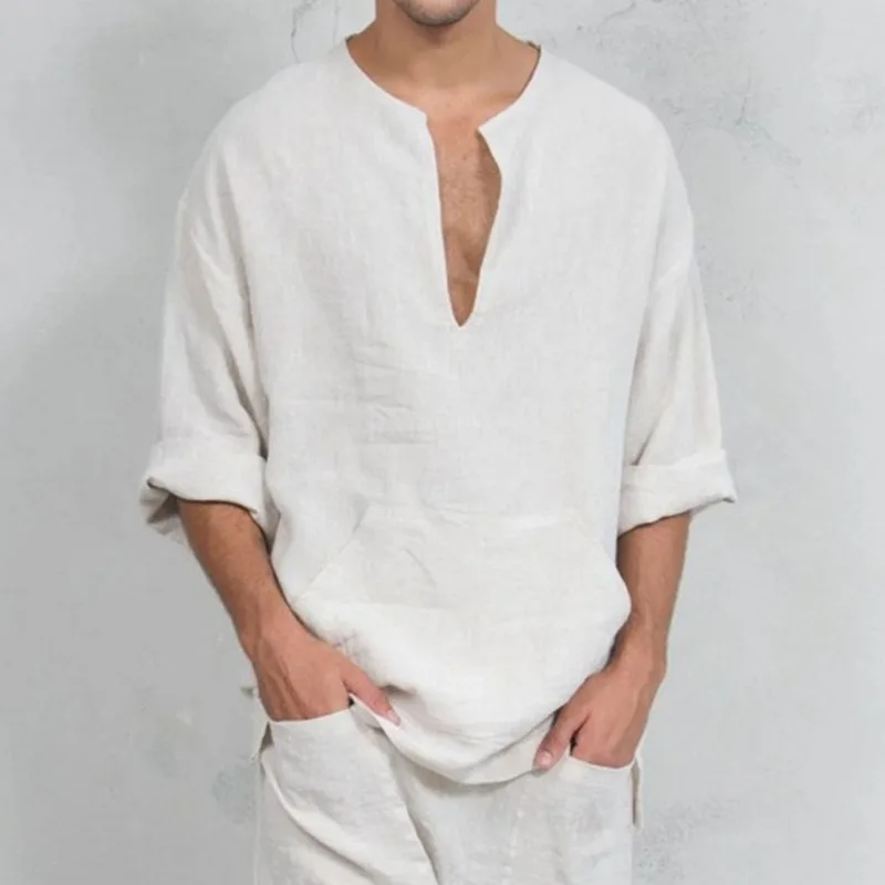 Mens T Shirts Fashion 2019 New Men's Linen Ethnic Style Loose Flared Long Sleeved T Shirt Men Oversized T Shirt Men Clothes