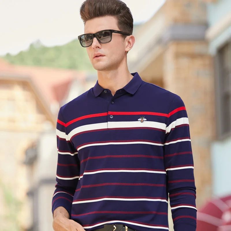 Новое поступление, хлопок, длинный рукав, поло для мужчин, в полоску, Camisa Masculina, поло, одежда, повседневная, деловая, Homme 8912