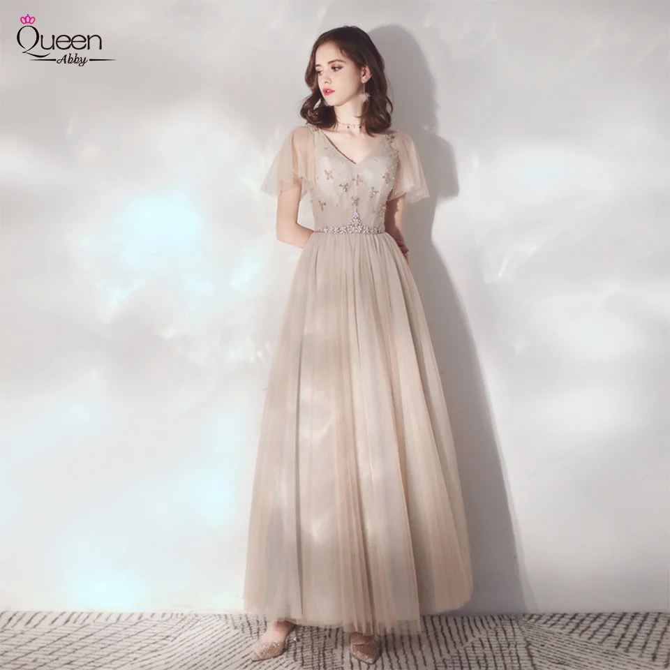 

Gorgeous Evening Dress A-line V-neck Short Sleeves Sequined Floor-length Tulle Dress with Sashes for Party