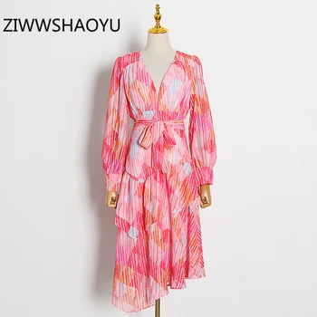 

ZIWWSHAOYU Summer Female Red Print V-Neck Pleated Dress Runway Flare Sleeve Bow Belt Ruffles Elegant Fashion Midi Dresses