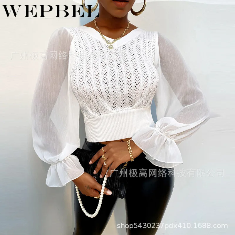 

WEPBEL Women's Casual Patchwork Knitting T-shirt Autumn Sexy Mesh Hollow Out Solid Color V-neck Flare Sleeve T-shirt