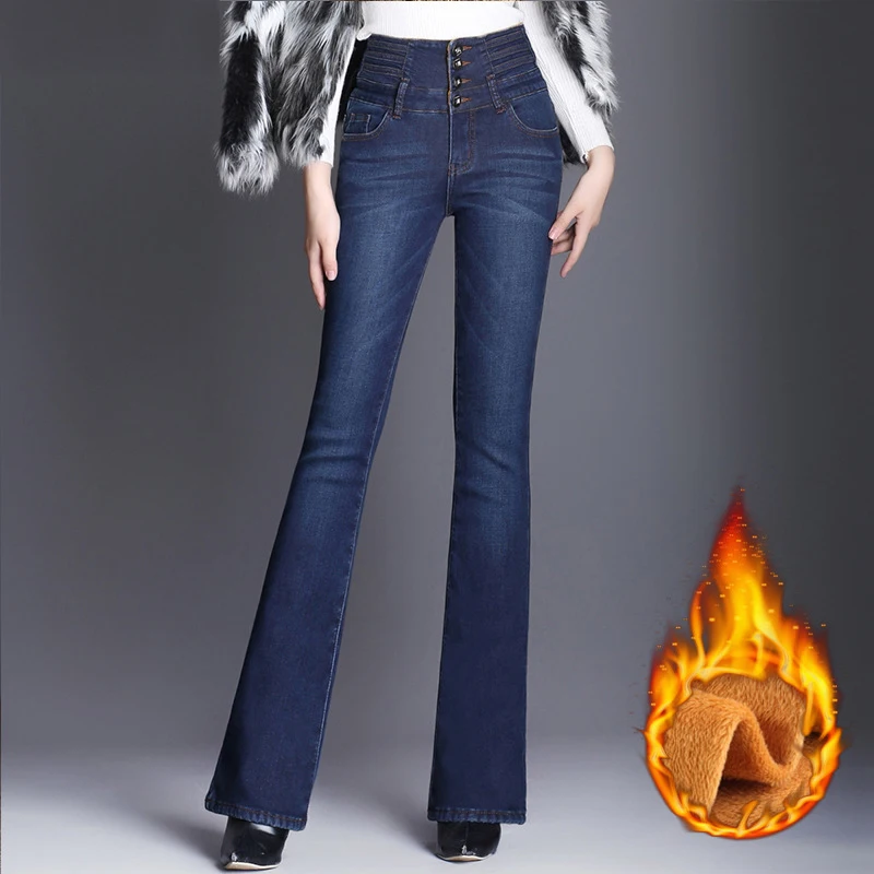 Женские утолщенные теплые расклешенные джинсы для зимы, облегающие джинсы с высокой талией, облегающие джинсы размера плюс - Цвет: Синий