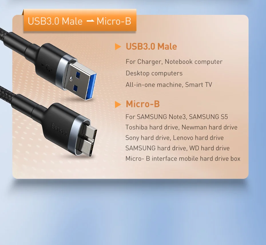 Baseus USB 3,0 к Micro B кабель 5 Гб быстрый usb тип A Micro-B кабель для передачи данных для samsung S5 Note 3 HDD внешний жесткий диск шнур