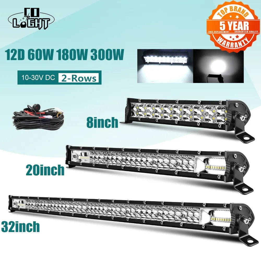 CO LIGHT Super Slim 12D 8" 20" 32" LED Bar Spot Flood Beam LED Light Bar dla ciągników siodłowych Offroad 4WD 4x4 Trucks SUV ATV 12V 24V
