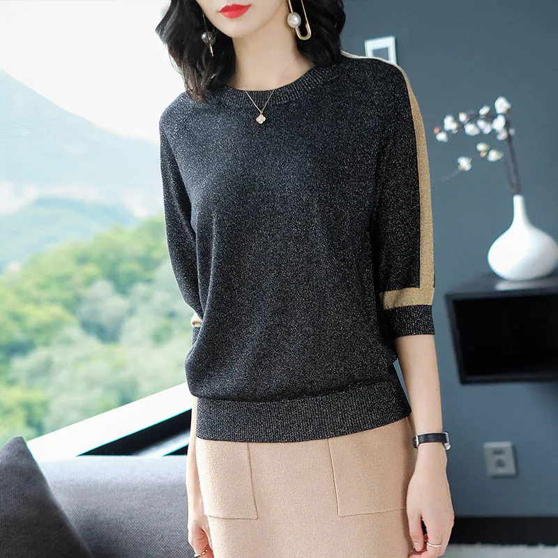 YISU, тонкий женский свитер, короткий рукав, пуловер, женская мода, яркие шелковые свитера для женщин, весна, вязанные свитера, топы для женщин - Цвет: BLACK