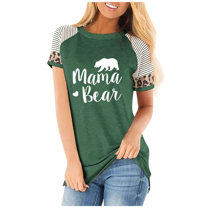 Mama Bear Футболка с принтом женская с круглым вырезом реглан леопардовая клетчатая футболка с коротким рукавом Harajuku Винтажная футболка одежда для женщин