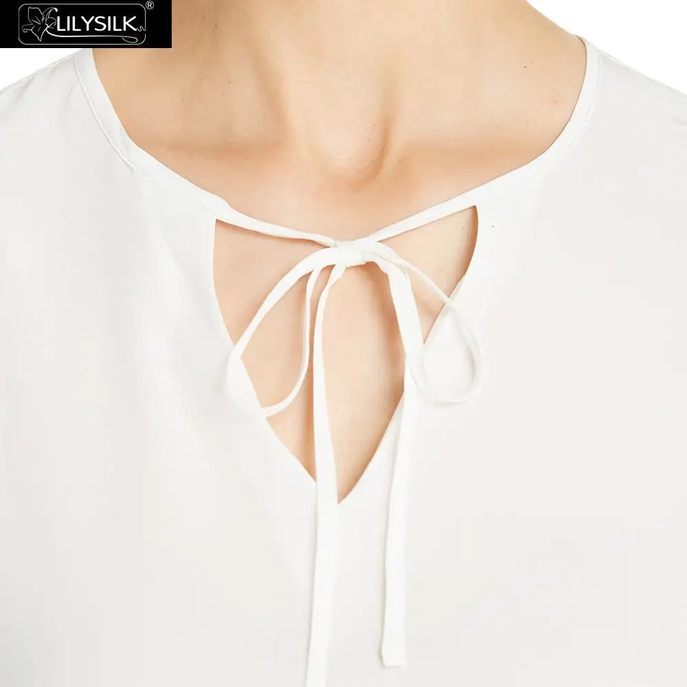 LILYSILK, женская блузка, рубашка, женская, шелковая, с завязками на шее, с разрезом, рукава, женские топы,, распродажа