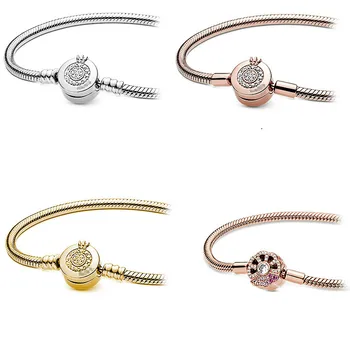 

925 Sterling Silver Rose Moments Pink Fan Clasp Snake Chain Bracelet Bangle Fit Bead Charm Diy Pandora Jewelry