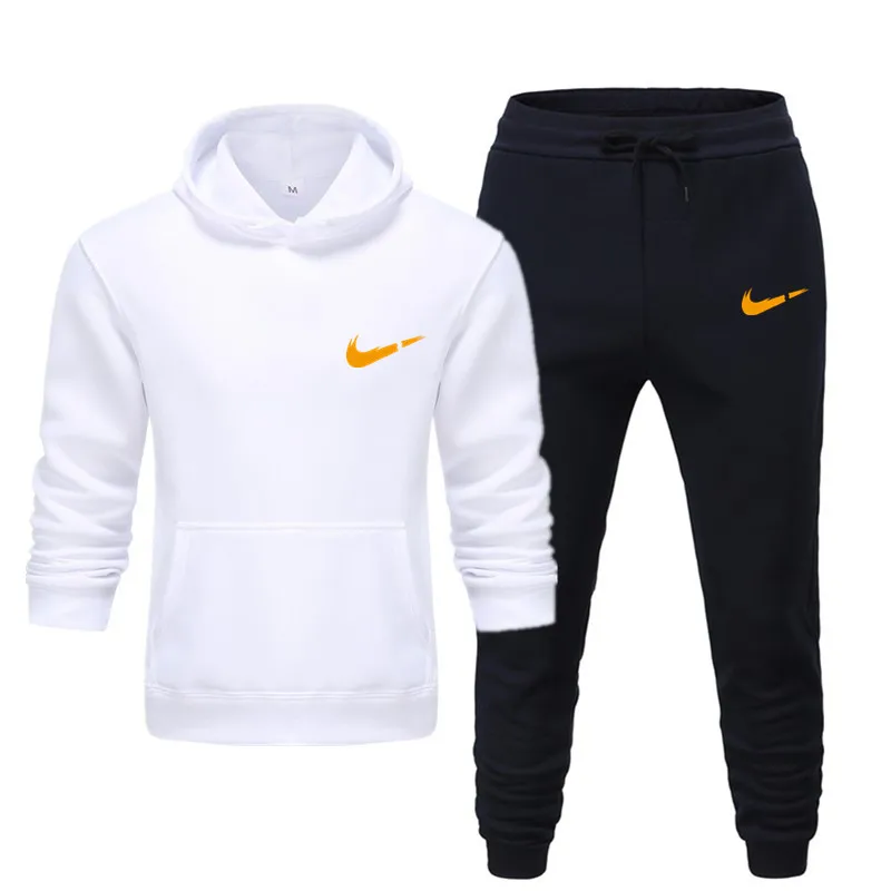 white navyblue Фирменный мужской термо спортивный костюм для бега, мужские спортивные комплекты, флисовая Толстая Толстовка с капюшоном+ штаны для бега, мужской костюм с капюшоном - Цвет: white navyblue