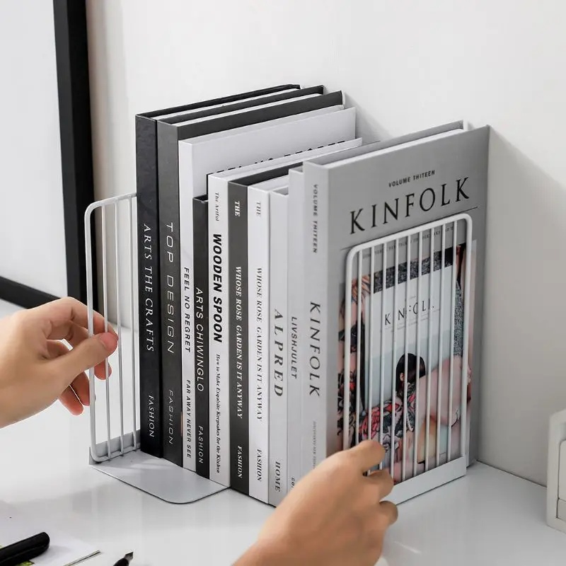 1 Pair Bookends Book Stand Support Simple Iron Desktop Non Slip Rack Shelf Holder Office Magazine Organizer