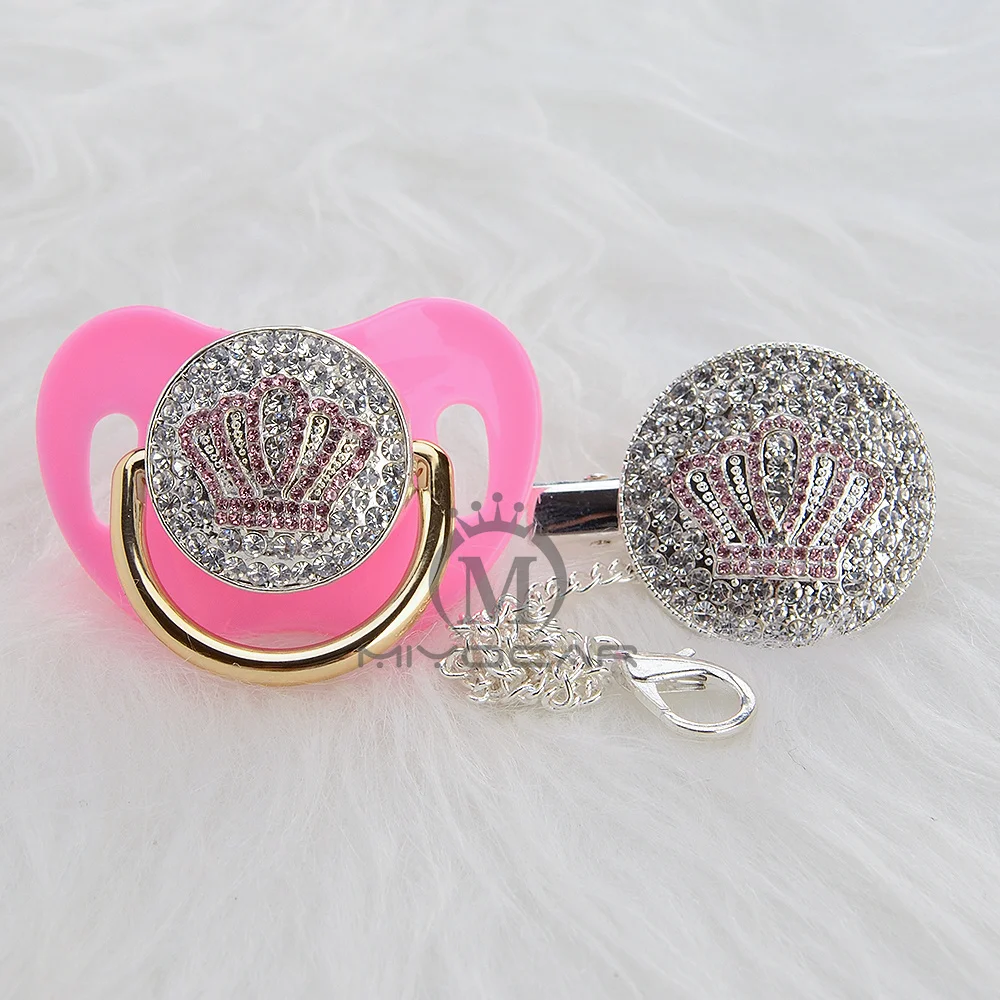

BLING 11 colors bling pink crown pacifier and pacifier clip unique design for baby SGS certificate safe and unique APCB-3-1